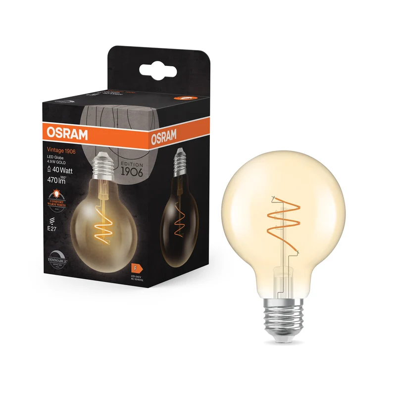 Lámpara LED OSRAM Vintage 1906 Globe dorada, 4,9 W, 470 lm, 2200 K, blanco cálido confort, E27