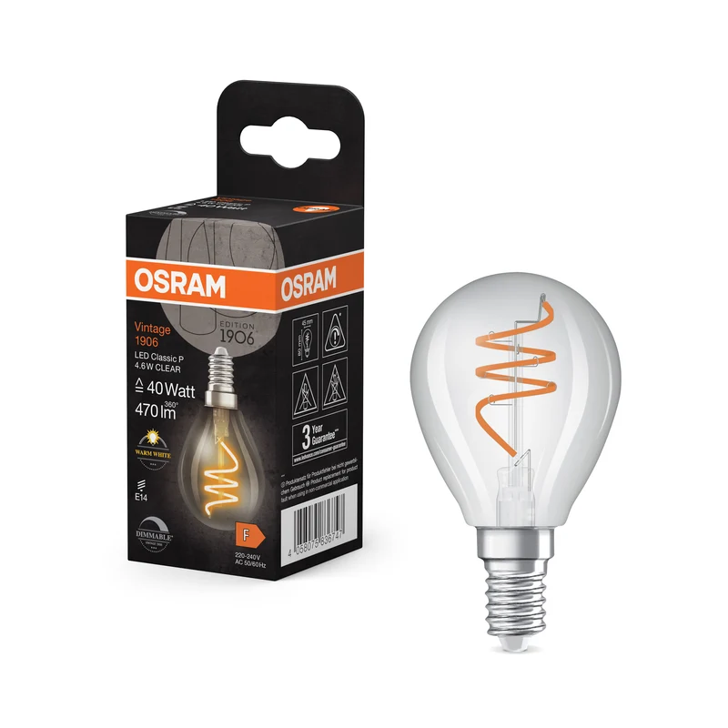 Bombilla LED clásica OSRAM Vintage 1906 transparente, 4,6 W, 470 lm, E14, blanco cálido