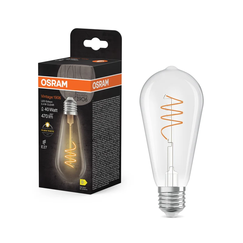 Bombilla LED Edison OSRAM Vintage 1906 transparente, 3,4 W, 470 lm, E27, blanco cálido