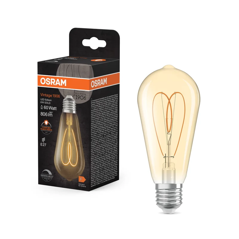 Lámpara LED Edison OSRAM Vintage 1906 dorada, 8 W, 806 lm, E27, blanco cálido confort