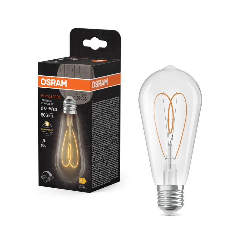 Bombilla LED Edison OSRAM Vintage 1906 transparente, 7,2 W, 806 lm, E27, blanco cálido