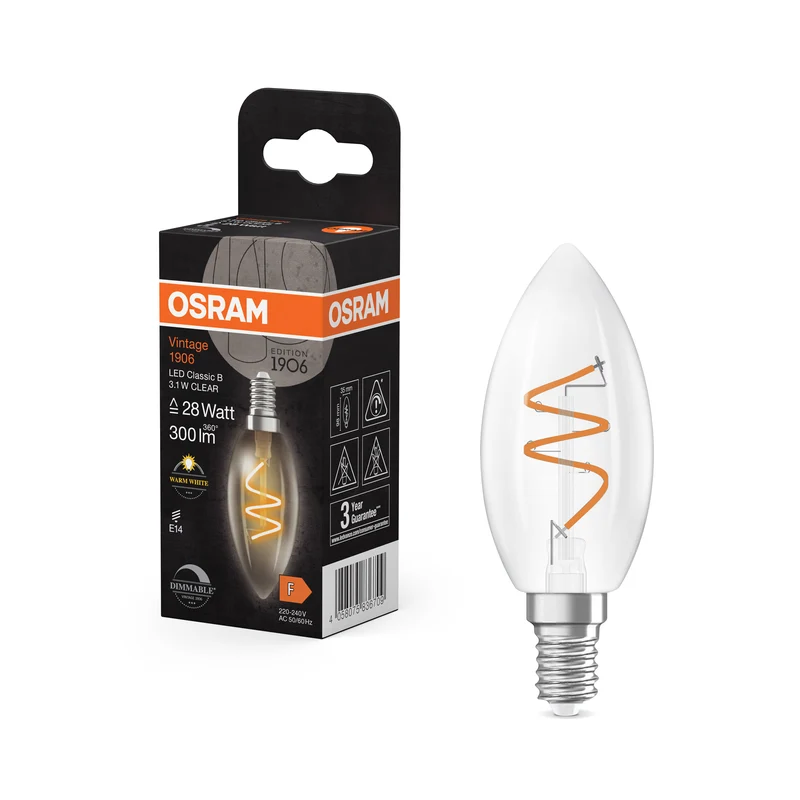 Bombilla LED clásica OSRAM Vintage 1906 transparente, 3,1 W, 300 lm, E14, blanco cálido