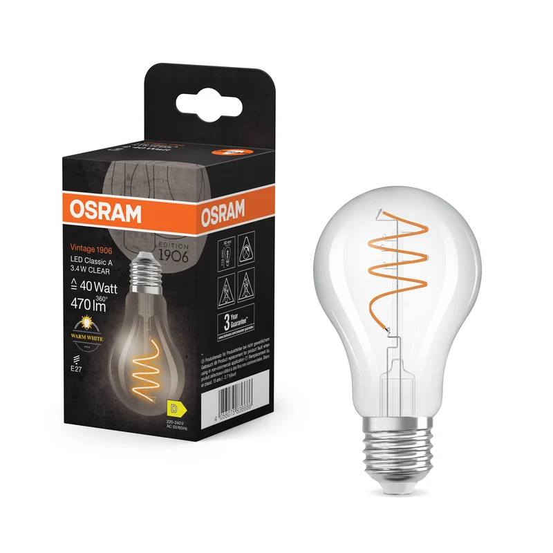 Bombilla LED clásica OSRAM Vintage 1906 transparente, 3,4 W, 470 lm, E27, blanco cálido