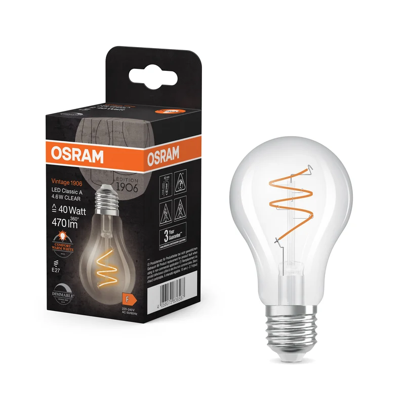 Lámpara LED clásica OSRAM Vintage 1906 transparente, 4,6 W, 470 lm, E27, blanco cálido confort