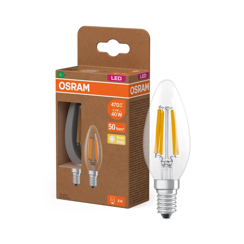 OSRAM LED CLASSIC B, eficiencia energética A, forma B, bombilla LED, cristal sin plomo, transparente, 2,2 W, (equivalente a 40 W), 470 lm, blanco cálido, 2700 K, clase de eficiencia energética: A, CRI 80, paquete de 2