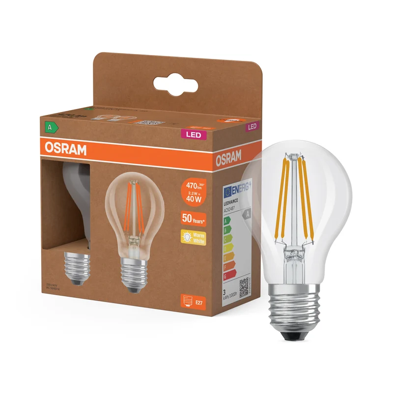 LÁMPARAS LED DE OSRAM, CLASE ENERGÉTICA A, EFICIENCIA ENERGÉTICA FILAMENTO CLÁSICO A en forma de A, lámpara LED, cristal sin plomo, transparente, 2,2 W, 470 lm, blanco cálido, clase de eficiencia energética: A, paquete de 2