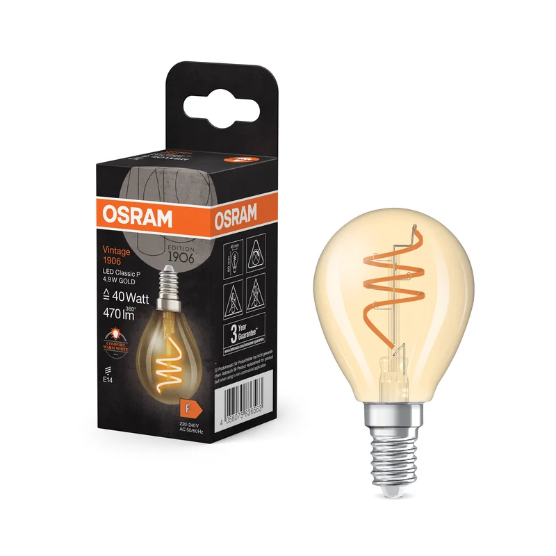 Lámpara LED clásica OSRAM Vintage 1906 dorada, 4,9 W, 470 lm, 45 mm, blanco cálido confort, E14