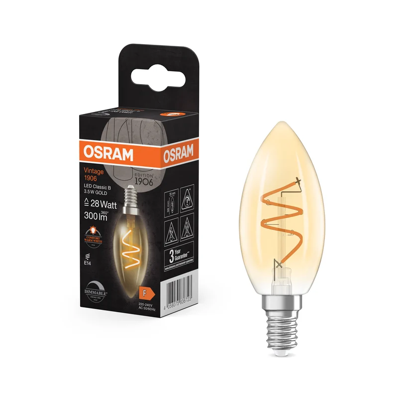 Lámpara LED clásica OSRAM Vintage 1906 dorada, 3,5 W, 300 lm, E14, blanco cálido confort
