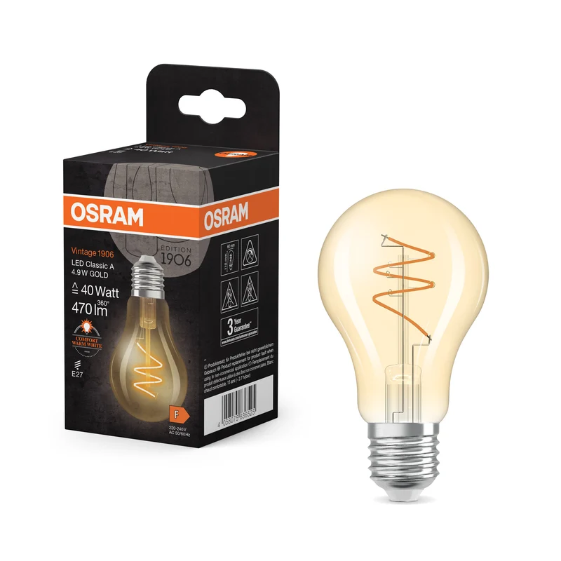 Lámpara LED clásica OSRAM Vintage 1906 dorada, 4,9 W, 470 lm, E27, blanco cálido confort