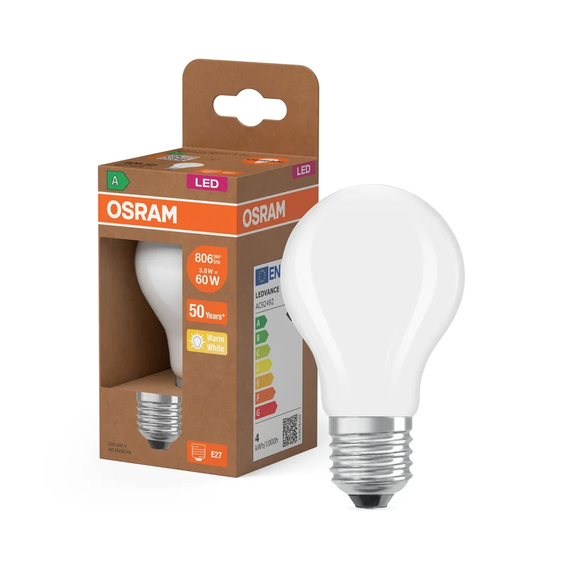 LÁMPARAS LED DE OSRAM, CLASE ENERGÉTICA A, EFICIENCIA ENERGÉTICA FILAMENTO CLÁSICO A en forma de A, lámpara LED, cristal sin plomo, mate, 3,8 W, 806 lm, blanco cálido, clase de eficiencia energética: A