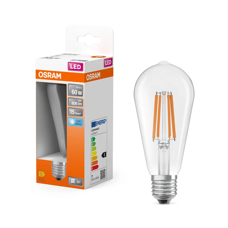 Lámpara LED OSRAM Star Classic, forma Edison, 6,5 W, 806 lm, transparente, blanco frío, E27