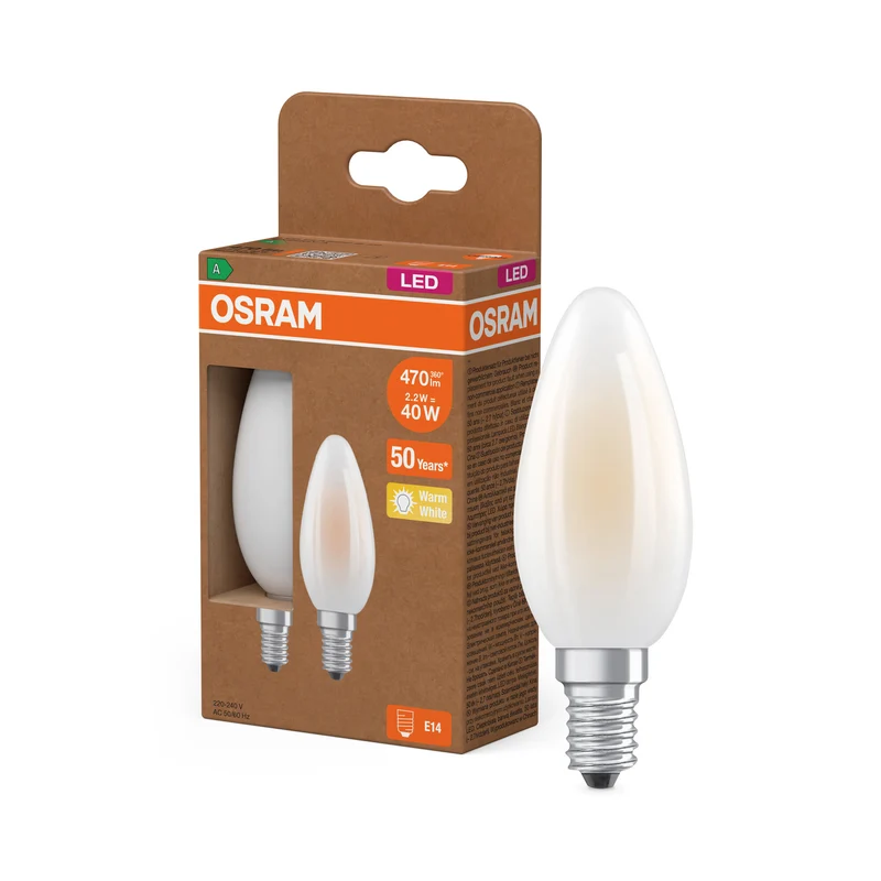OSRAM LED CLASSIC B, eficiencia energética A, forma B, bombilla LED, cristal sin plomo, mate, 2,2 W, (antes 40 W), 470 lm, blanco cálido, 2700 K, clase de eficiencia energética: A, CRI 80, paquete de 2
