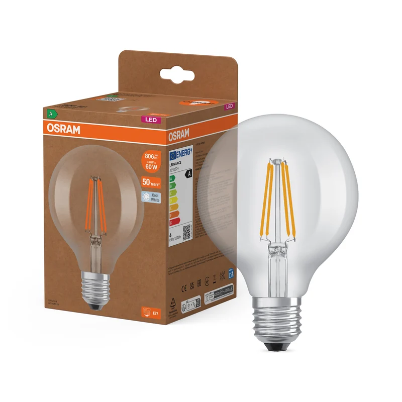 LÁMPARAS LED DE OSRAM, CLASE ENERGÉTICA A, EFICIENCIA ENERGÉTICA, FILAMENTO CLÁSICO Globe con forma de globo, lámpara LED, cristal sin plomo, transparente, 806 lm, blanco frío, clase de eficiencia energética: A