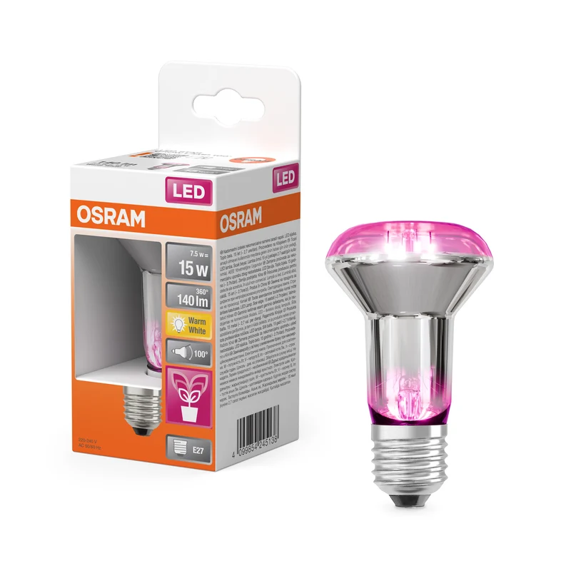 Lámpara OSRAM LED STAR GROW SPOT con casquillo R63, lámpara LED, cristal sin plomo, 7,5 W, (antes 15 W), 140 lm, blanco cálido, 1300 K, CRI no relevante, luz para plantas
