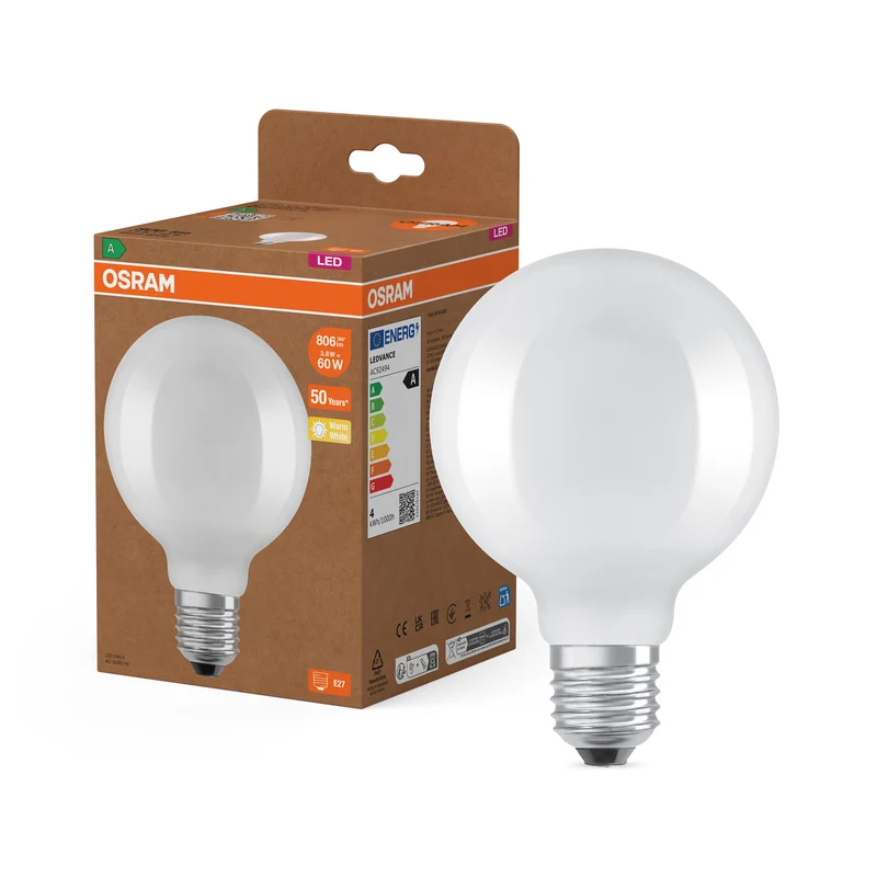 LÁMPARAS LED DE OSRAM, CLASE ENERGÉTICA A, EFICIENCIA ENERGÉTICA, FILAMENTO CLÁSICO Globe con forma de globo, lámpara LED, cristal sin plomo, mate, 806 lm, blanco cálido, clase de eficiencia energética: A
