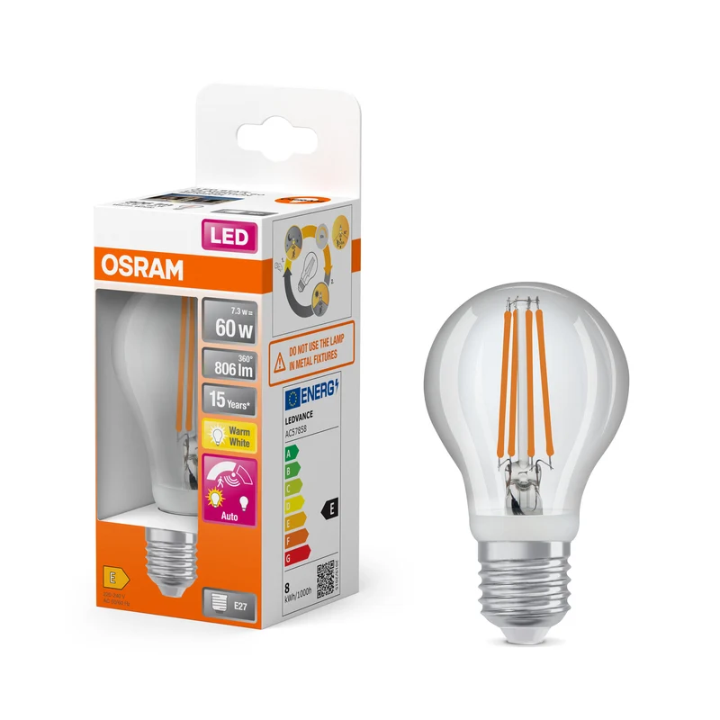 Lámpara OSRAM LED Star Classic con sensor, 7,3 W, transparente, E27, blanco cálido