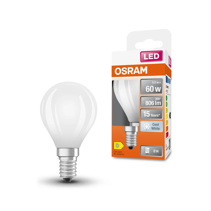 Lámpara OSRAM LED Star Classic, Miniball, 5,5 W, 806 lm, mate, blanco frío, E14