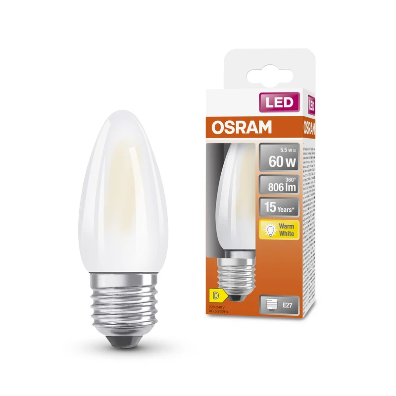 Lámpara LED OSRAM Star Classic, mini vela, 5,5 W, mate, E27, blanco cálido