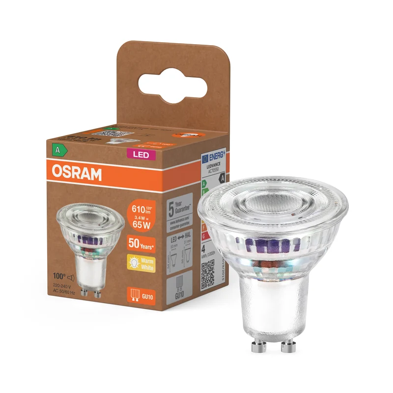 LÁMPARA LED DE OSRAM CON REFLEJADOR DE ALTO RENDIMIENTO ENERGÉTICO en formato PAR16, foco LED, cristal sin plomo, 3,3 W, (antes 65 W), 600 lm, blanco cálido, 2700 K, clase de eficiencia energética: A, CRI 80
