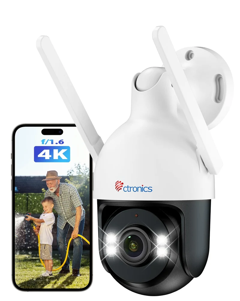 Cámara de vigilancia exterior Ctronics 4K 8MP WiFi, cámara PTZ para exterior con detección de personas, vehículos y animales, WiFi de 2,4/5 GHz, visión nocturna en color 4K