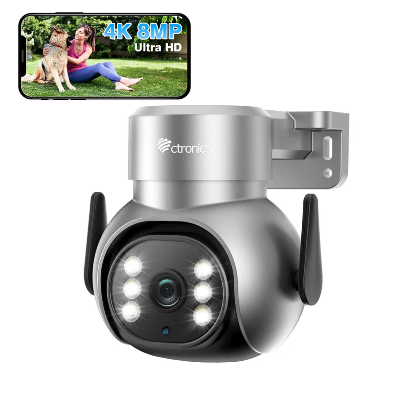 Ctronics 4K 8MP Cámara PTZ para exteriores con foco, cámara de seguridad WiFi de 2,4/5 GHz, cámara con cable para seguridad del hogar con detección de personas/mascotas/vehículos y seguimiento automático
