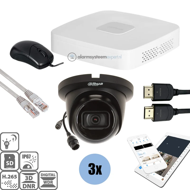 Kit Dahua Black: 3 cámaras tipo torreta de 8 Mp + grabador y cableado