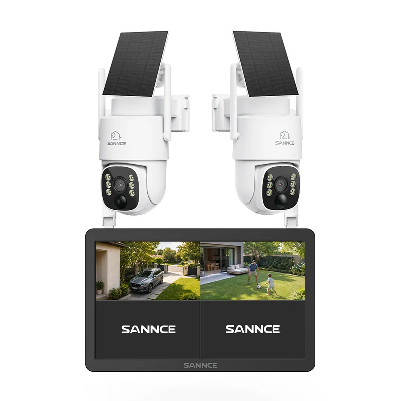 4MP WLAN-Überwachungssystem mit 10,1" LCD-Monitor, 10-Kanal NVR mit integrierter microSD-Karte & 2 PTZ-Solarkameras, KI + PIR-Personenerkennung, Zwei-Wege-Audio, 8000-mAh-Akku, Farbnachtsicht, 270° Schwenken & 90° Neigen, Alexa-kompatibel