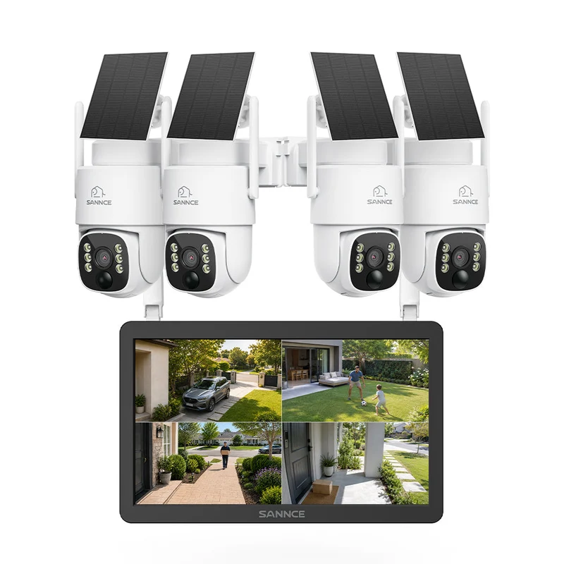 4MP WLAN-Überwachungssystem mit 10,1" LCD-Monitor, 10-Kanal NVR mit integrierter microSD-Karte & 4 PTZ-Solarkameras, KI + PIR-Personenerkennung, Zwei-Wege-Audio, 8000-mAh-Akku, Farbnachtsicht, 270° Schwenken & 90° Neigen, Alexa-kompatibel