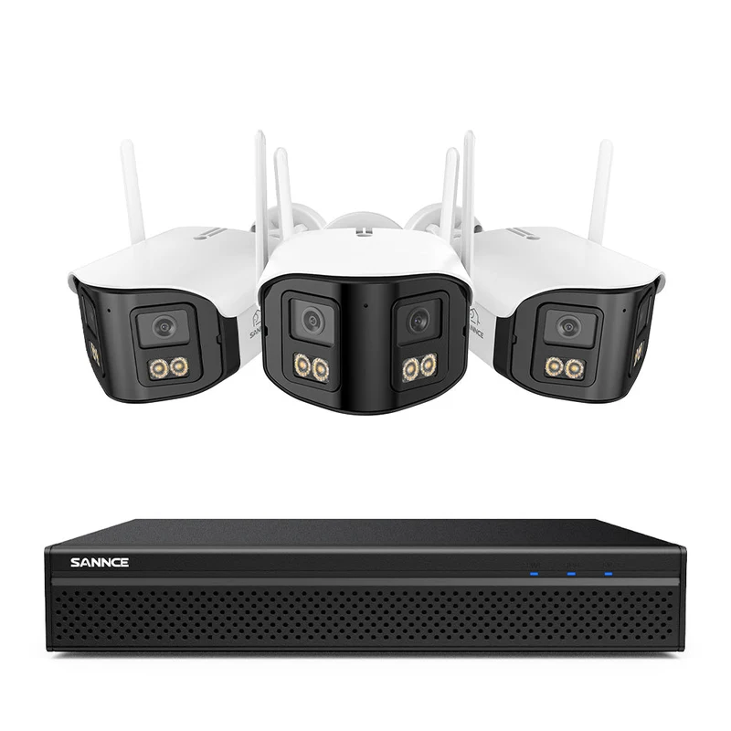 FDQ400 Sistema de cámaras de seguridad PoE 4K de 10 canales con doble lente, NVR de 8 MP + 3 cámaras IP de 4 MP WiFi + PoE, gran angular de 170°, visión nocturna a todo color con muy poca luz, audio bidireccional y detección de personas mediante IA