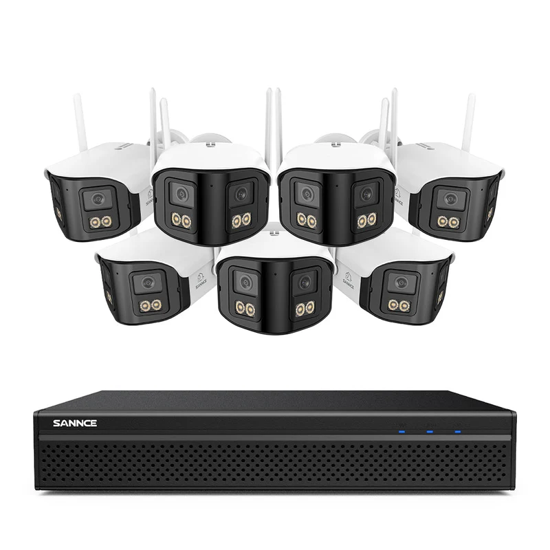 FDQ400 Sistema de cámaras de seguridad PoE 4K de 10 canales con doble lente, NVR de 8 MP + 8 cámaras IP de 4 MP WiFi + PoE, gran angular de 170°, visión nocturna a todo color con muy poca luz, audio bidireccional, detección de personas mediante IA