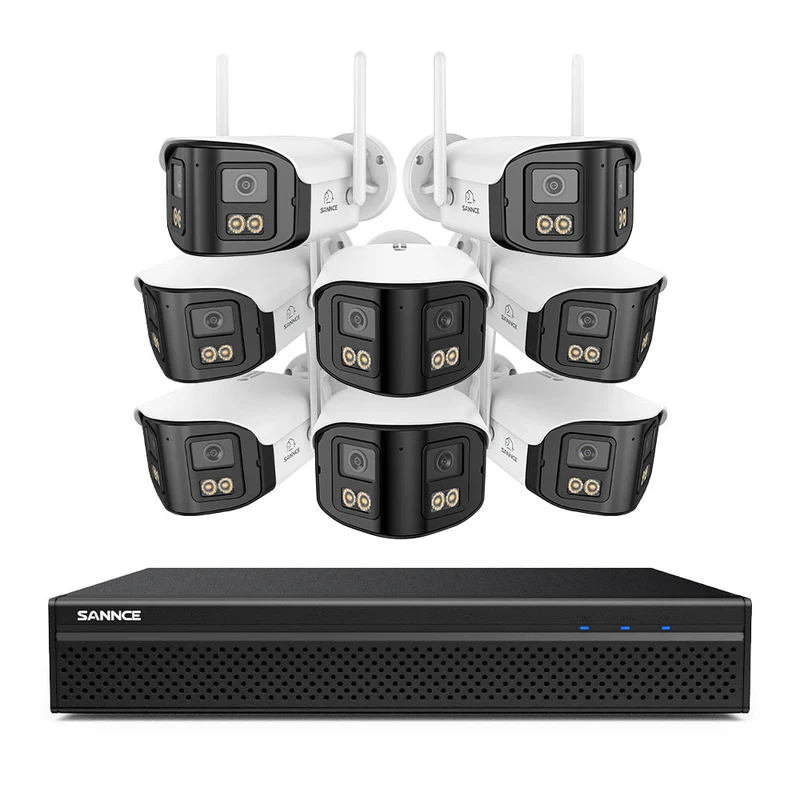FDQ400 Sistema de cámaras de seguridad PoE 4K de 10 canales con doble lente, NVR de 8 MP + 8 cámaras IP de 4 MP WiFi + PoE, gran angular de 170°, visión nocturna a todo color con muy poca luz, audio bidireccional, detección de personas mediante IA