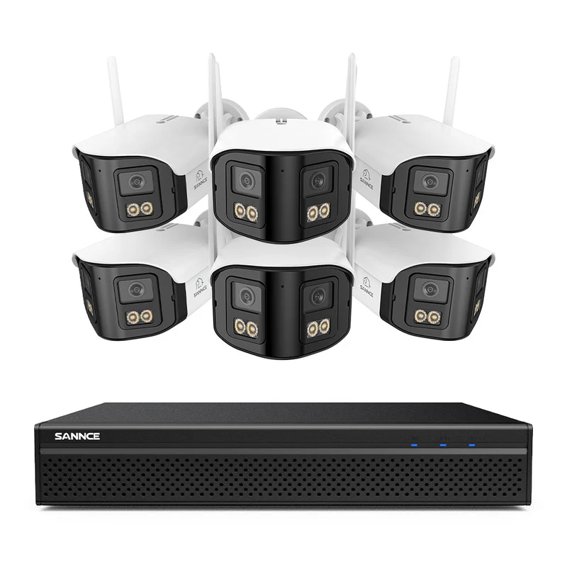 FDQ400 Sistema de cámaras de seguridad PoE 4K de 10 canales con doble lente, NVR de 8 MP + 6 cámaras IP de 4 MP WiFi + PoE, gran angular de 170°, visión nocturna a todo color con muy poca luz, audio bidireccional, detección de personas mediante IA
