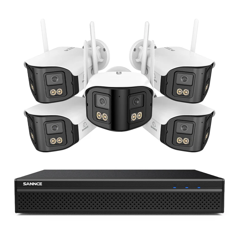 FDQ400 Sistema de cámaras de seguridad PoE 4K de 10 canales con doble lente, NVR de 8 MP + 5 cámaras IP de 4 MP WiFi + PoE, gran angular de 170°, visión nocturna a todo color con muy poca luz, audio bidireccional, detección de personas mediante IA