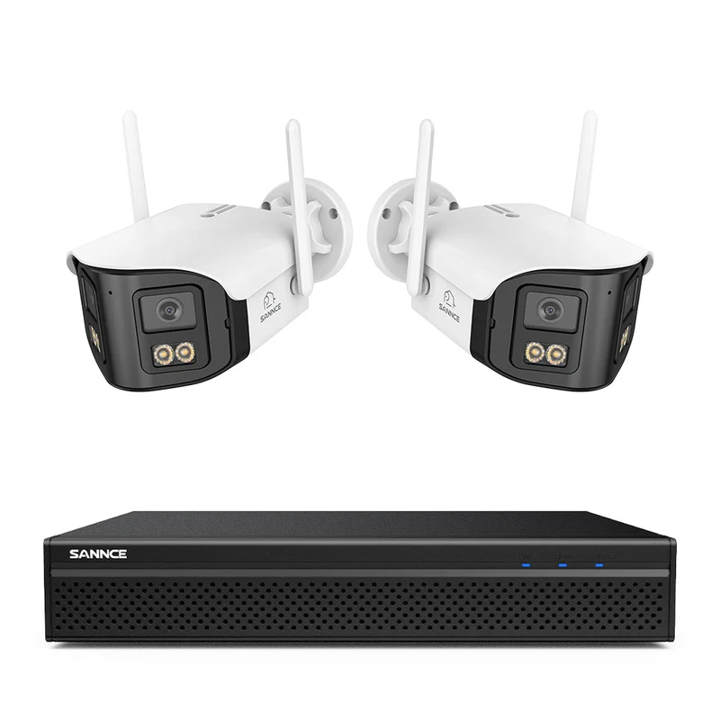 FDQ400 Sistema de cámaras de seguridad PoE 4K de 10 canales con doble lente, NVR de 8 MP + 2 cámaras IP de 4 MP WiFi + PoE, gran angular de 170°, visión nocturna a todo color con muy poca luz, audio bidireccional, detección de personas mediante IA