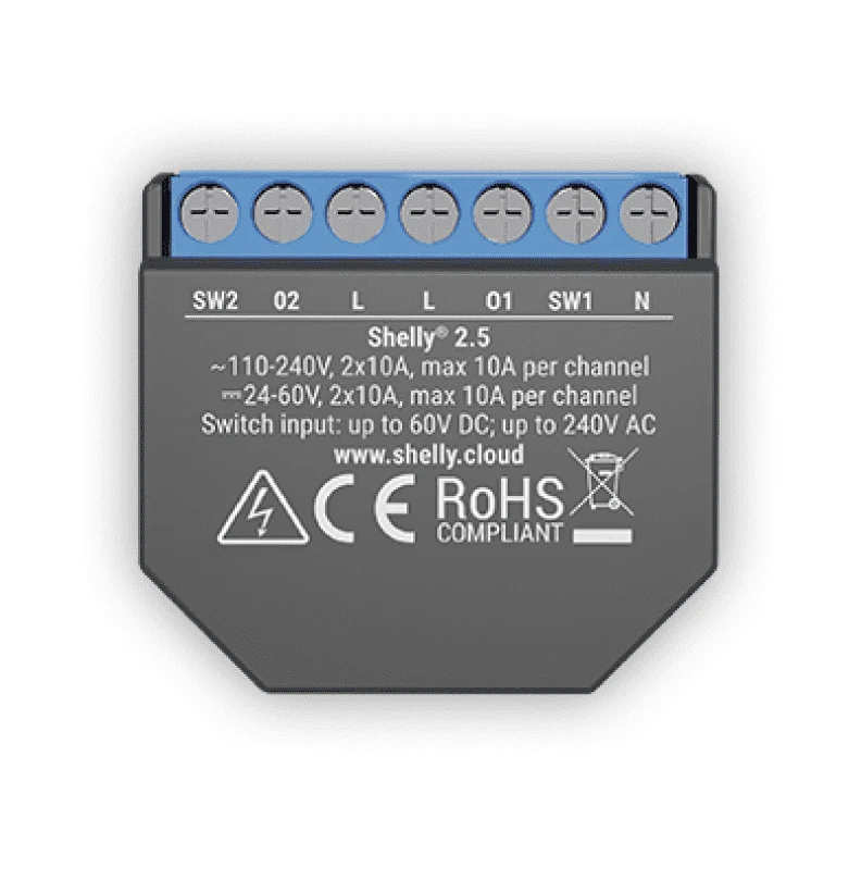 Shelly 2.5 Interruptor para control de 2 circuitos de luces. Marca: Shelly