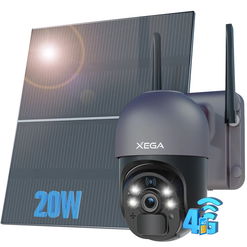 Xega Cámara Solar 4G Exterior con Tarjeta SIM Sin WiFi Panel 20W 20000mAh | Batería Grabación 24/7 Sin Cable, 2K HD, Visión Nocturna Color, Detección Movimiento, PTZ 355°/90°, Suscripción Obligatoria