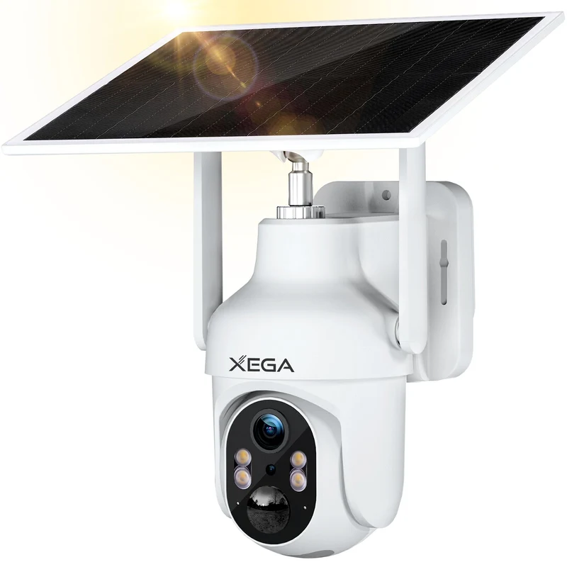 Xega 4G LTE Camara Solar con Tarjeta SIM, 2K HD PTZ Camara Exterior Panel Solar 6W Baterías 10400mAh, Foco y Sirena Visión Nocturna en Color PIR Detección Humana Almacenamiento TF/Cloud IP66