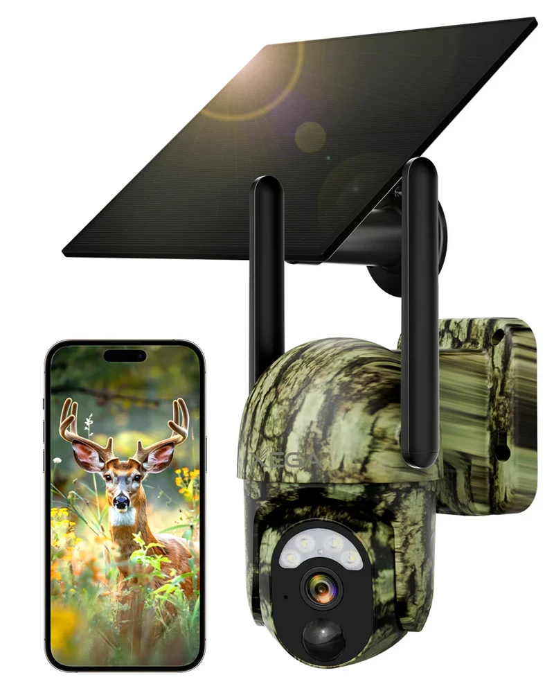 Xega 4G LTE Cámara de Caza Solar con Tarjeta SIM Fototrampeo Exterior | 2K PTZ Camara PIR Detección, Visión Nocturna en Color, Audio de 2 vías, IP65, 0.2s Activación, para en Lugares sin WiFi