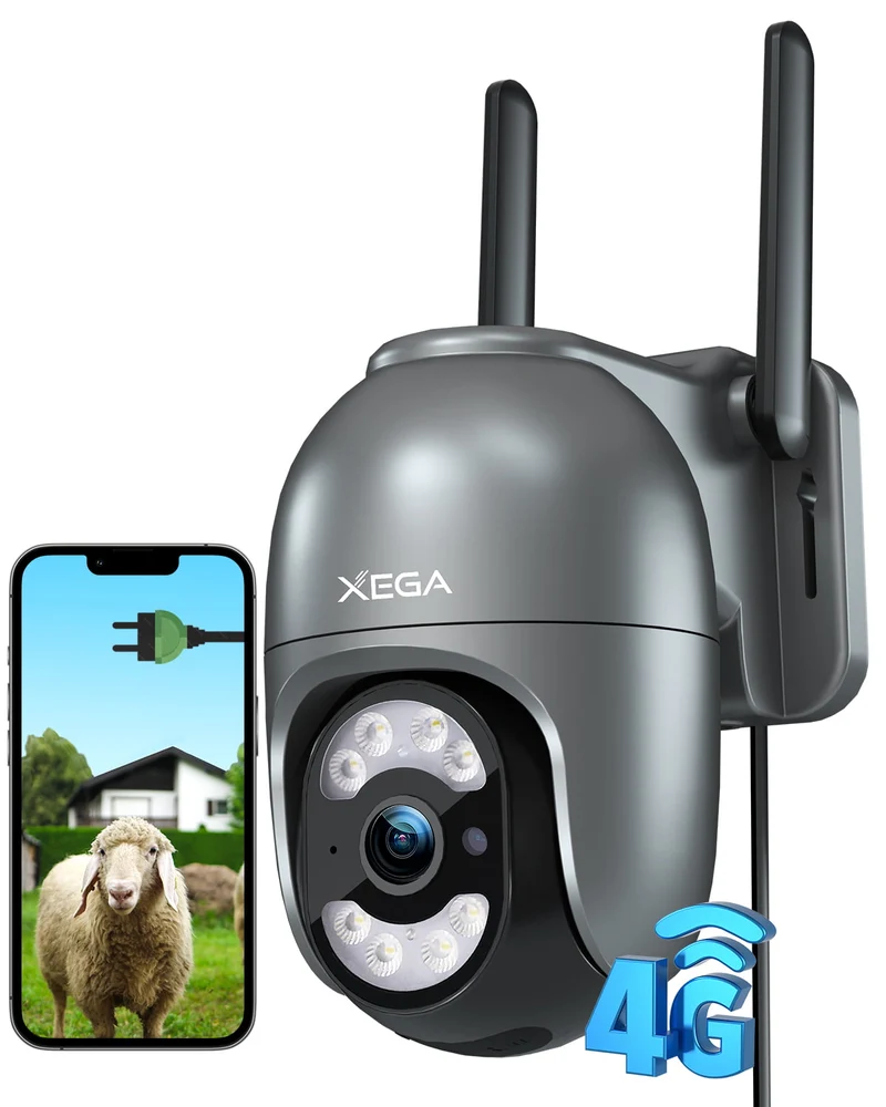 Xega Cámara Cablada 4G Exterior con Tarjeta SIM Grabación 24/7 Sin WiFi PTZ | Seguimiento Automático, Rotación 355°/100°, 2K HD, Detección Humana, Visión Nocturna, Luz Y Sirena, Suscripción Obligatoria