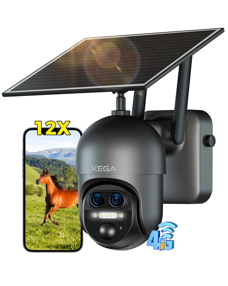 Xega Cámara Solar 4G LTE PTZ 【Doble Lente】 2K 12X Zoom Exterior | Batería 10400mAh, Visión Nocturna, Detección PIR Humana, IP66, Almacenamiento TF y Cloud, sin WiFi necesario