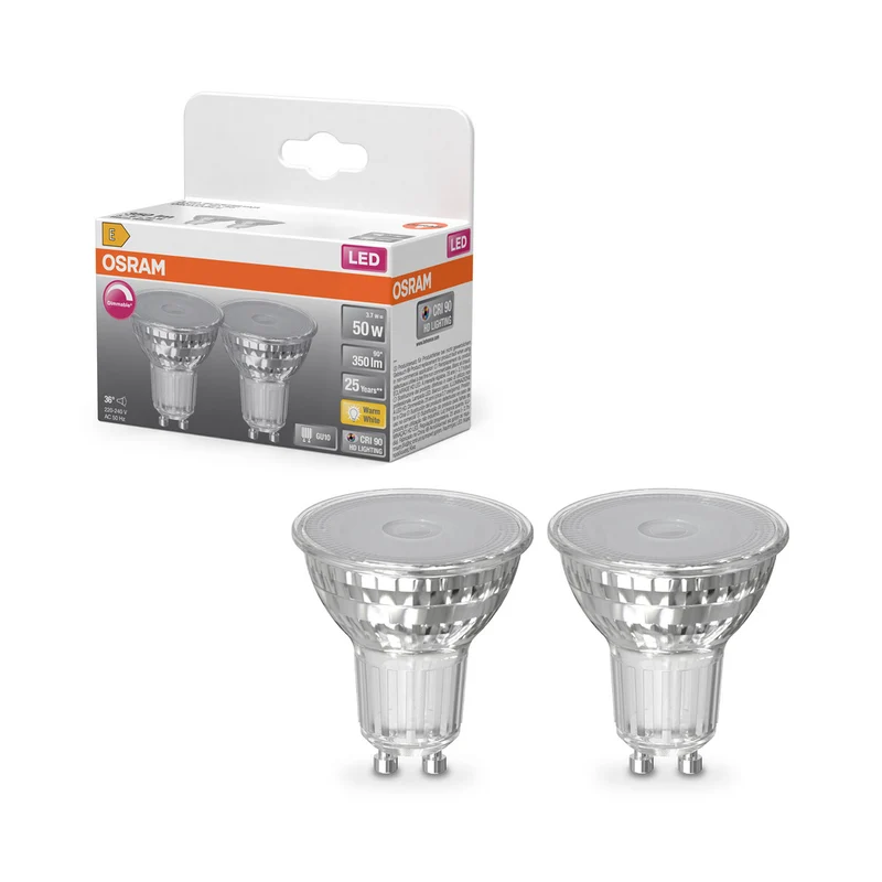 Lámpara reflectora OSRAM Superstar para casquillo GU10, cristal transparente, blanco cálido (2700 K), 350 lm, repuesto para bombillas convencionales de 50 W, regulable, paquete de 2