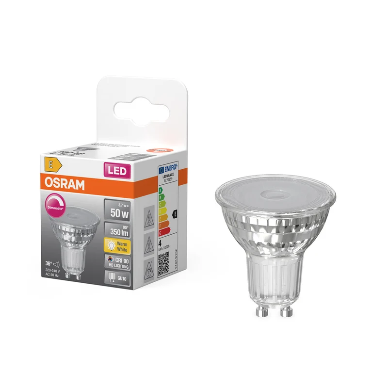 Lámpara reflectora LED PAR16 regulable de OSRAM, luz blanca cálida (2700 K), alto índice de reproducción cromática (CRI90), reemplazo de focos GU10 convencionales de 50 W.
