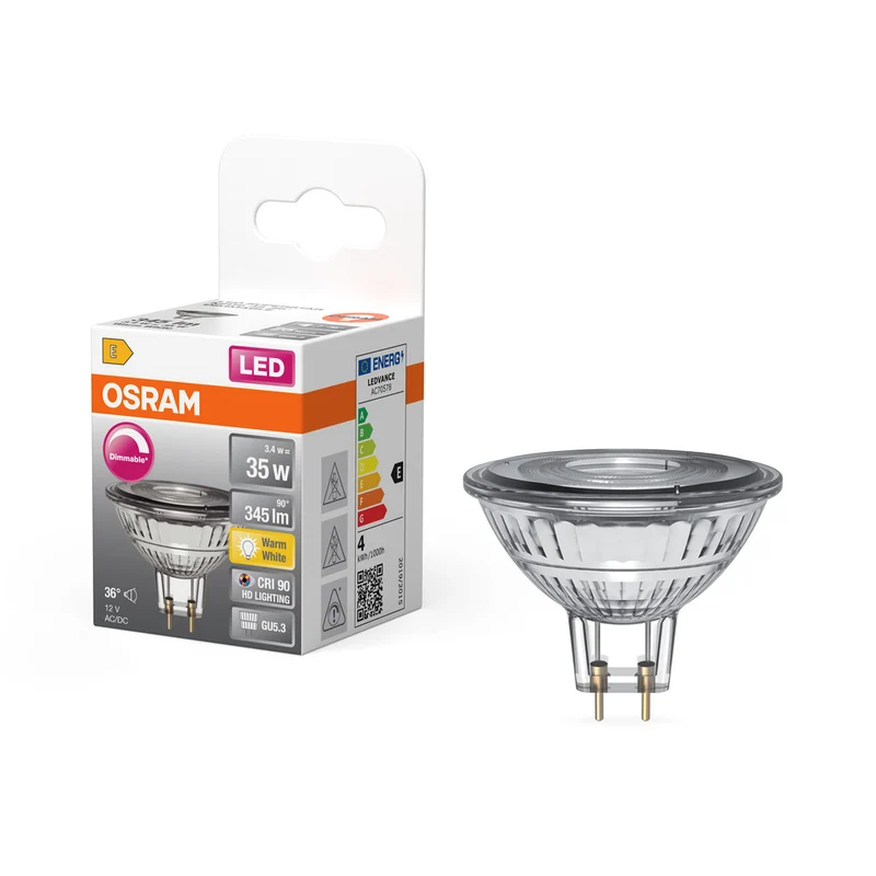 Lámpara reflectora OSRAM Superstar para casquillo GU5.3, cristal transparente, blanco cálido (2700K), 345 lm, repuesto para bombillas convencionales de 35 W, regulable, 1 paquete