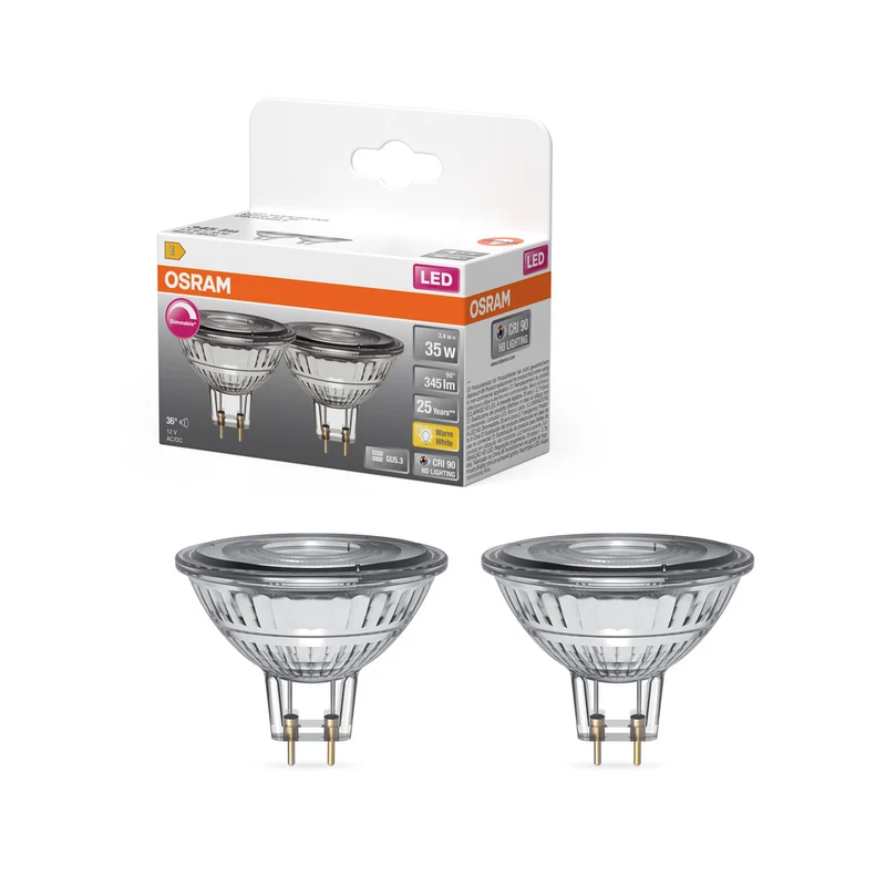 Lámparas reflectoras LED de bajo voltaje regulables OSRAM MR16 con base enchufable, equivalente a 35 W, GU5.3, reflector MR16, 2700 Kelvin, blanco cálido, vidrio transparente, paquete de 2