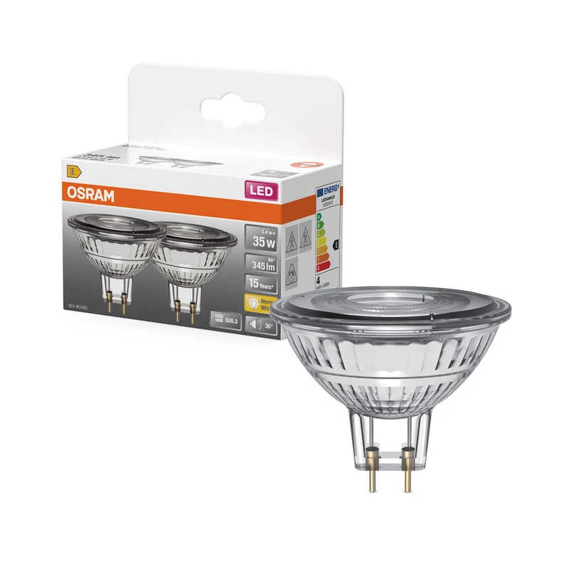 Lámpara reflectora LED OSRAM Star para casquillo GU5.3, cristal transparente, blanco cálido (2700K), 345 lm, repuesto para bombillas convencionales de 35 W, no regulable, paquete de 2
