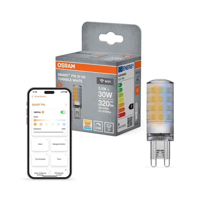 OSRAM SMART+ WIFI PIN G9 TUNABLE WHITE en forma de varilla, bombilla LED con casquillo tipo varilla, transparente, 3,5 W, 320 lm, de 2700 a 6500 K, Wi-Fi, compatible con altavoces inteligentes, regulable