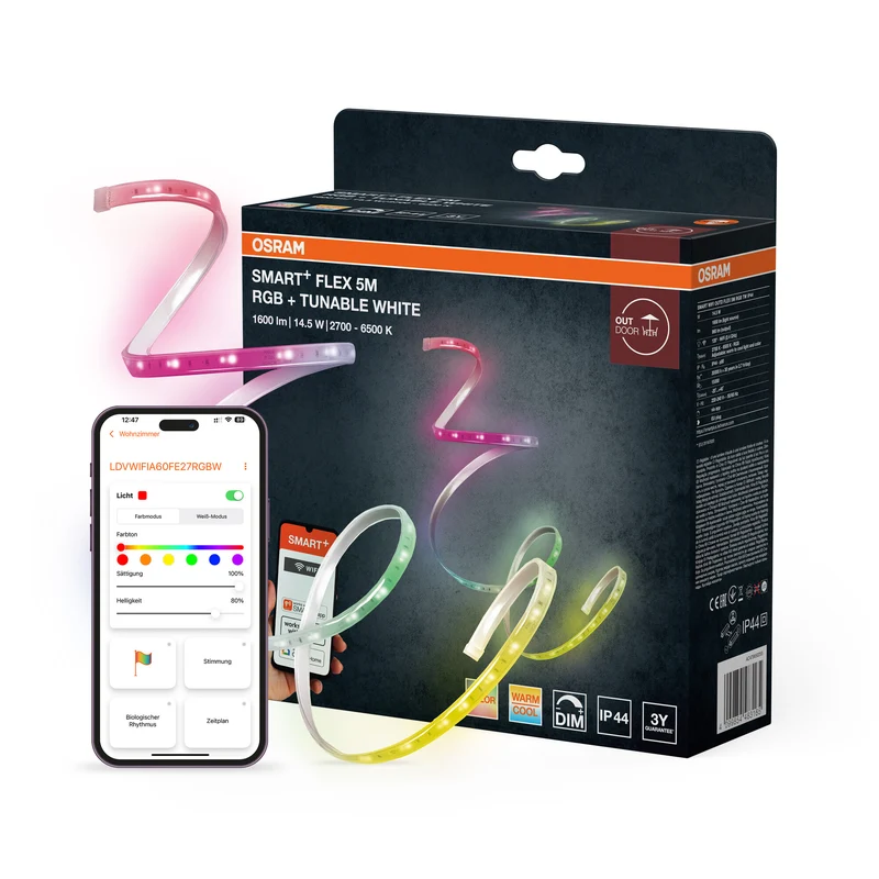 OSRAM SMART+ Tira LED WIFI OUTD FLEX 5M, blanca, 14 W, 850 lm, regulable de blanco cálido a blanco frío, luz RGB, para exteriores, controlable mediante app, larga vida útil, fácil instalación, clase de protección IP44