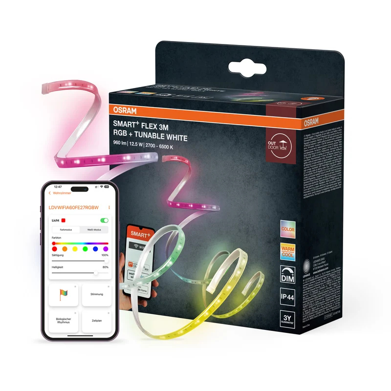 OSRAM SMART+ WIFI OUTD FLEX 3M Tira LED, blanca, 12 W, 790 lm, regulable de blanco cálido a blanco frío, luz RGB, para exterior, controlable mediante app, larga vida útil, fácil instalación, clase de protección IP44