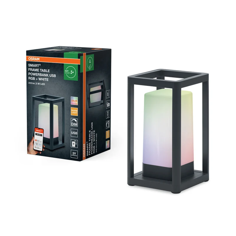 Lámpara de mesa OSRAM SMART+ WiFi con marco de mesa, batería externa USB RGB, portátil, negra, 3000 K, 12 x 20,3 cm