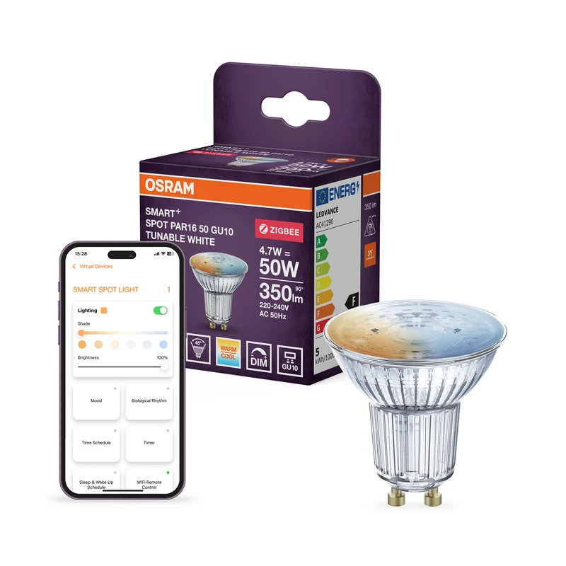 OSRAM SMART+ ZIGBEE Spot Temperatura de color regulable en formato PAR16, foco LED, cristal, 4,7 W, 350 lm, de 2700 a 6500 K, Zigbee, compatible con altavoces inteligentes, regulable